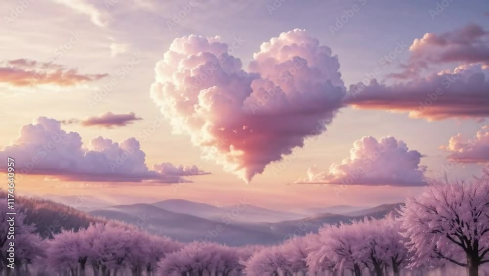 Heart-shaped cloud in a magical serene sky over snowy forest landscape Heart-shaped cloud in a magical serene sky over snowy forest landscape