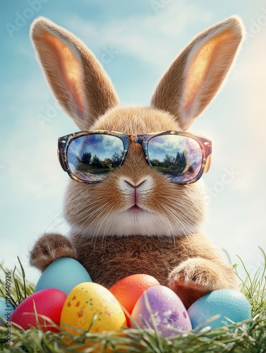Cute Easter bunny rabbit in cool sunglasses with colorful easter eggs .Easter egg hunt concept. bunny easter with sunglasses and eggs.Cool Easter bunny wearing sunglasses.