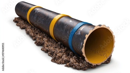 A large, black pipe with colored bands lies partially buried in the ground, surrounded by dirt, suggesting a construction or plumbing context. photo