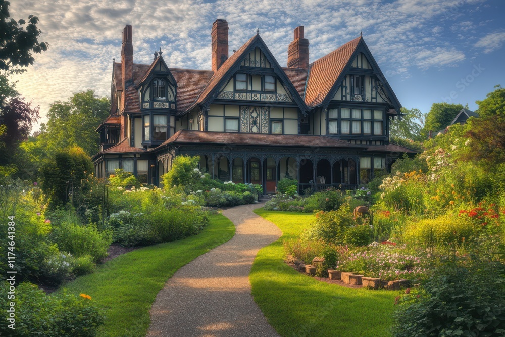 Fototapeta premium A grand Victorian mansion with elegant rooflines, tall windows, and a picturesque garden pathway