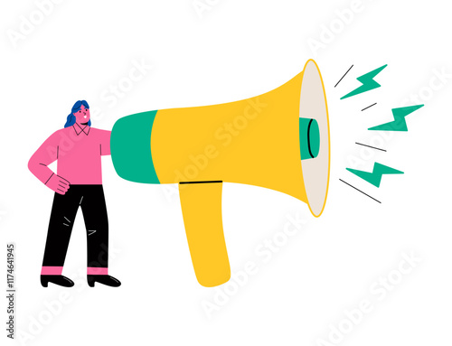 Business woman standing holding a large megaphone. Communication of  concept. Flat vector illustration isolated on white background