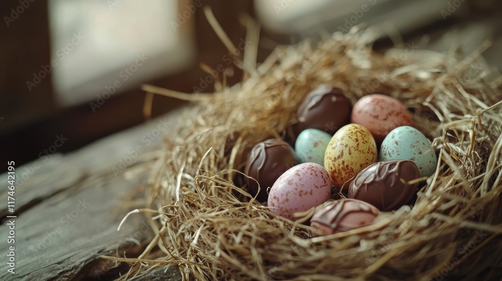 easter, confectionery and holidays concept - chocolate eggs and candies in straw nest on wooden background easter, confectionery and holidays concept - chocolate eggs and candies in straw nest on wooden background