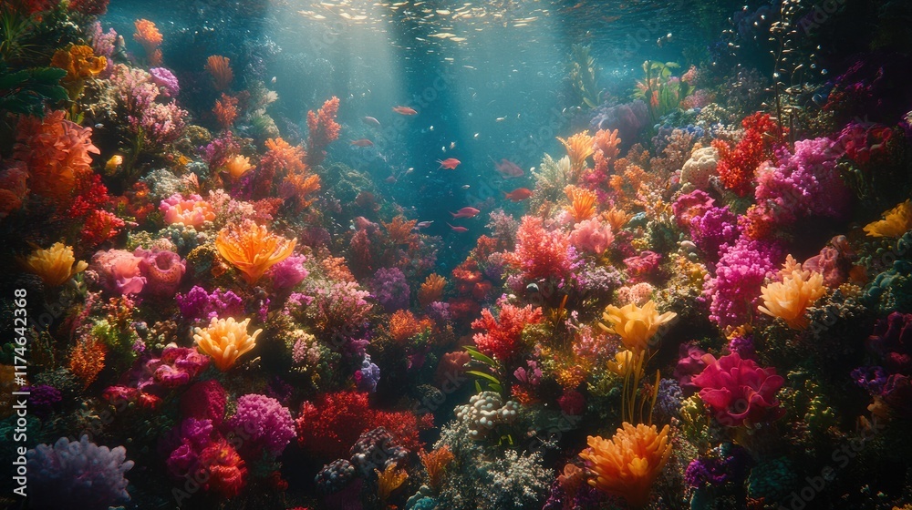 Naklejka premium Vibrant coral reef teeming with diverse colorful corals and fish, illuminated by sunbeams penetrating the water.