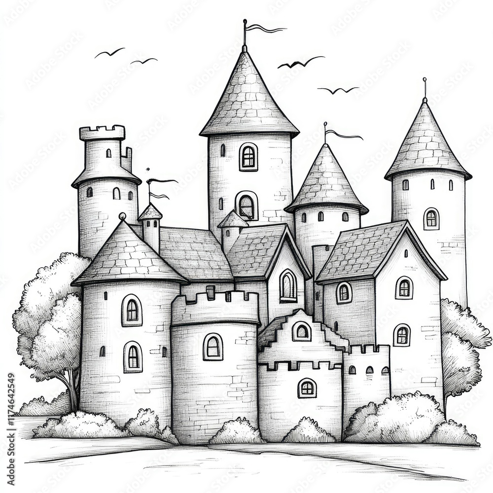 Obraz premium Fairytale Castle Illustration Enchanting Medieval Fortress Drawing