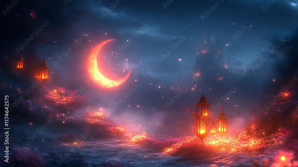 Enchanting Night Scene with Lanterns and Crescent Moon Enchanting Night Scene with Lanterns and Crescent Moon