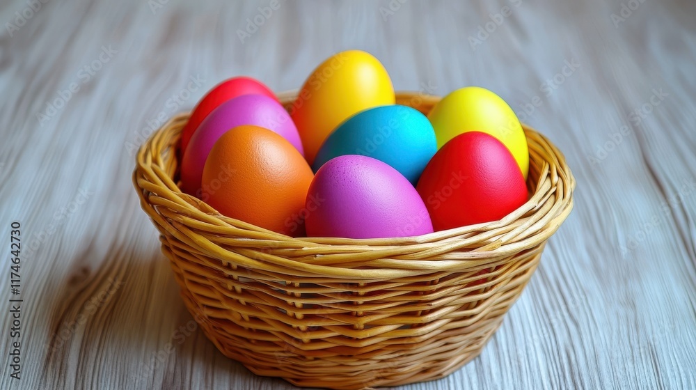 easter, holidays and tradition concept - close up of colored eggs in wicker basket on grey wooden boards background easter, holidays and tradition concept - close up of colored eggs in wicker basket on grey wooden boards background