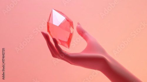 A pink vector hand with a drop of blood, like a crystal Valentine heart, against a white background