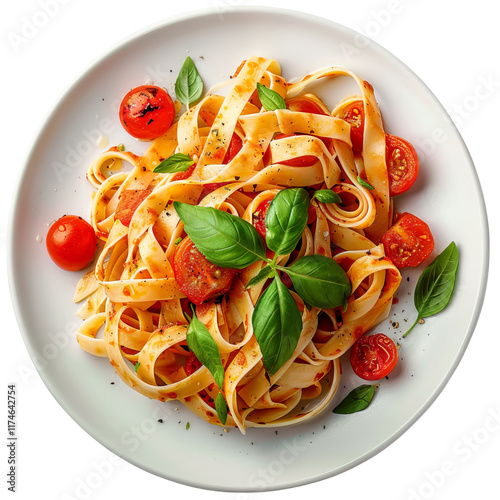 plate of tagliatelle ail tomates cerises on white background