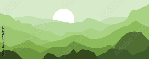 Minimalist Green Mountains Landscape with Sunrise. Featuring layered hills, ideal for backgrounds, banners, web design and modern decoration.