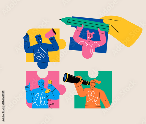 Hand assembling puzzle of diverse people. Concept diversity inclusion and creating cohesive. Colorful vector illustration