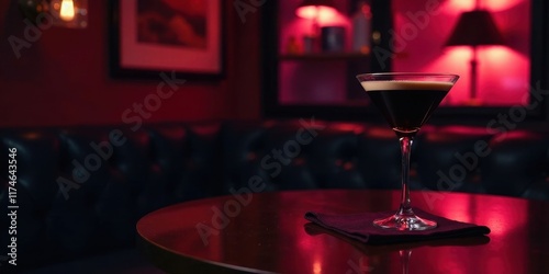 An elegant cocktail in a martini glass sits on a dark table in a dimly lit lounge, bathed in warm red lighting, a sophisticated evening ambiance