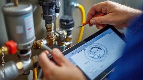 Wallpaper Mural A man is using a tablet to look at a diagram of a pipe Torontodigital.ca
