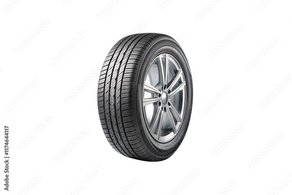 A view of a single car tire and rim, emphasizing durable material and an elegant, streamlined design for everyday vehicles, isolated on a transparent background A view of a single car tire and rim, emphasizing durable material and an elegant, streamlined design for everyday vehicles, isolated on a transparent background