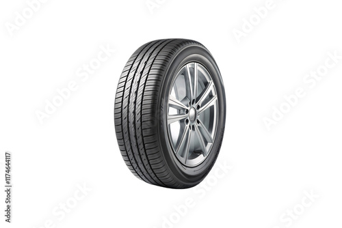 A view of a single car tire and rim, emphasizing durable material and an elegant, streamlined design for everyday vehicles, isolated on a transparent background