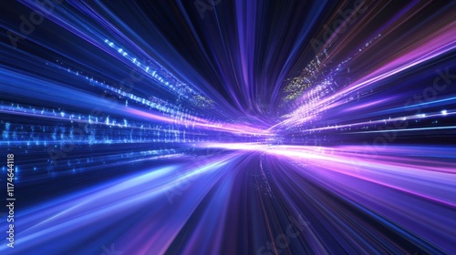 Abstract swirling vortex, cosmic tunnel, vibrant blue and purple energy, radiant light at the center, dynamic motion blur, futuristic wormhole, digital art, high contrast, sci-fi concept, hypnotic spi