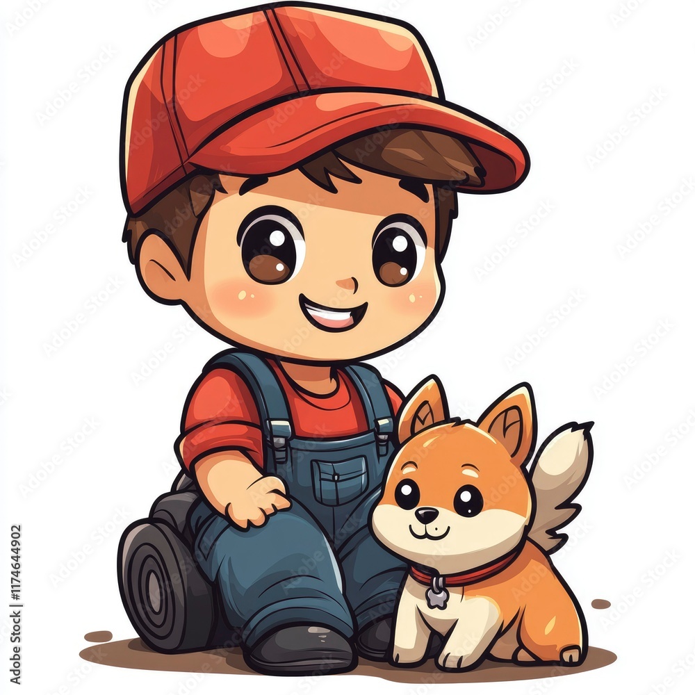 Fototapeta premium Adorable Cartoon Boy with His Puppy Friend