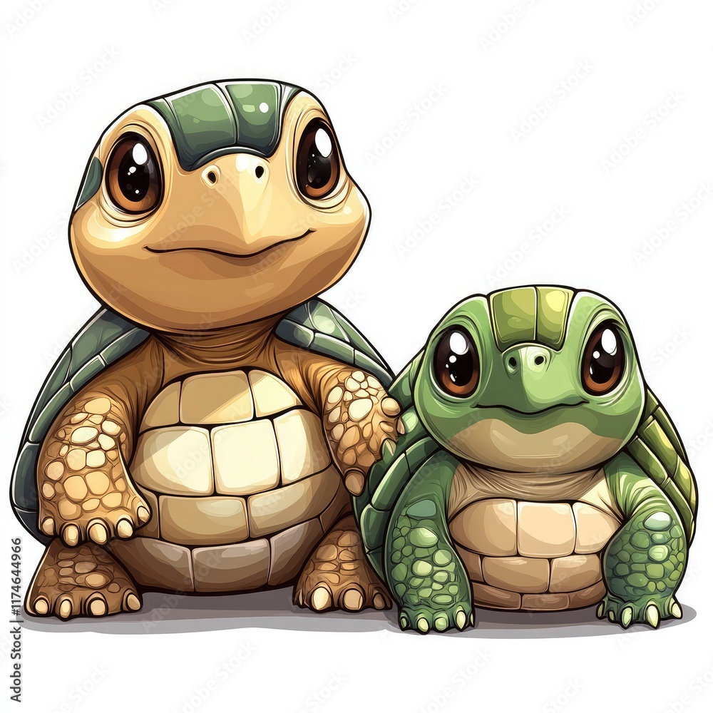 Fototapeta premium Adorable Cartoon Turtles Big Brother and Little Sister