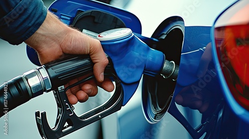 Natural gas fuel demand concept. A hand holds a blue fuel nozzle, filling a vehicle's gas tank at a service station, highlighting the act of refueling. photo