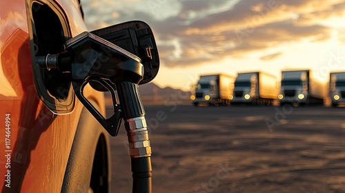 Natural gas fuel demand concept. A close-up of a fuel nozzle filling an orange vehicle, with trucks parked in the background under a sunset sky.