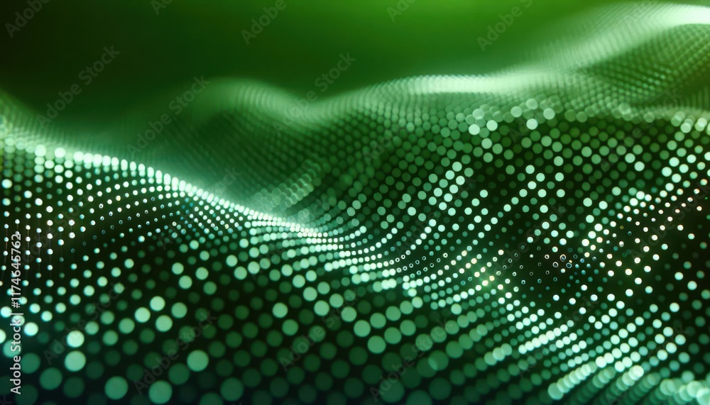 A macro view of flat pixels in minimal rows of luminous green dots fading into a large solid green background A macro view of flat pixels in minimal rows of luminous green dots fading into a large solid green background