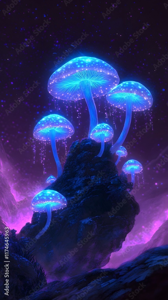Fototapeta premium glowing neon-blue mushrooms on the ground, purple background, black light effect