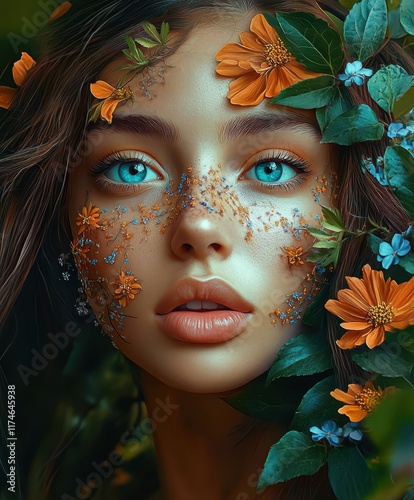 Wallpaper Mural Close-up portrait, young woman, freckled face, vibrant green eyes, orange flowers, blue butterfly, leaves, nature-inspired, fantasy, ethereal, hyper-detailed, photorealistic, dramatic lighting, soft g Torontodigital.ca