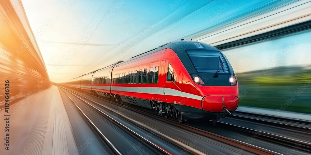 Naklejka premium A sleek red train speeds along tracks under a bright sky, showcasing modern transportation and the thrill of travel.