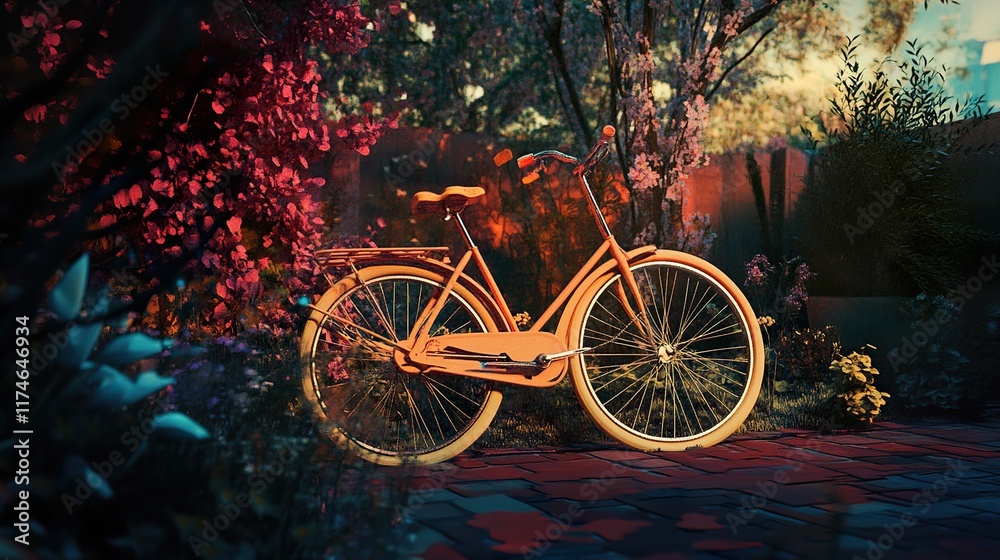 Fototapeta premium Sunset Ride: A Vintage Bicycle in a Vibrant Garden