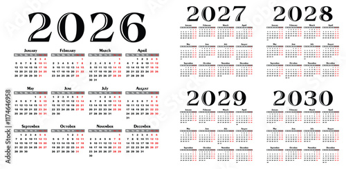 A set calendar templates for a year 2026 - 2030.