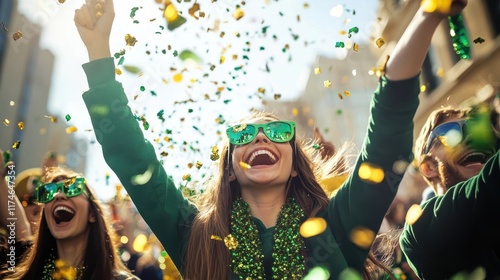 Celebratory Parade with Festive Crowd Catching Thrown Green and Gold Beads on St  Patrick s Day photo