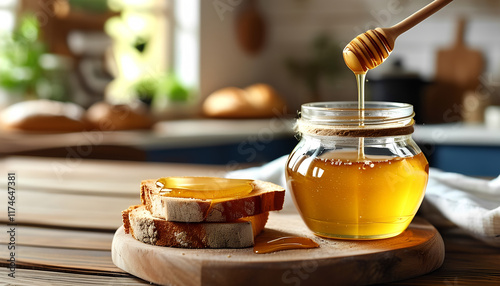a jar of honey and a piece of bread