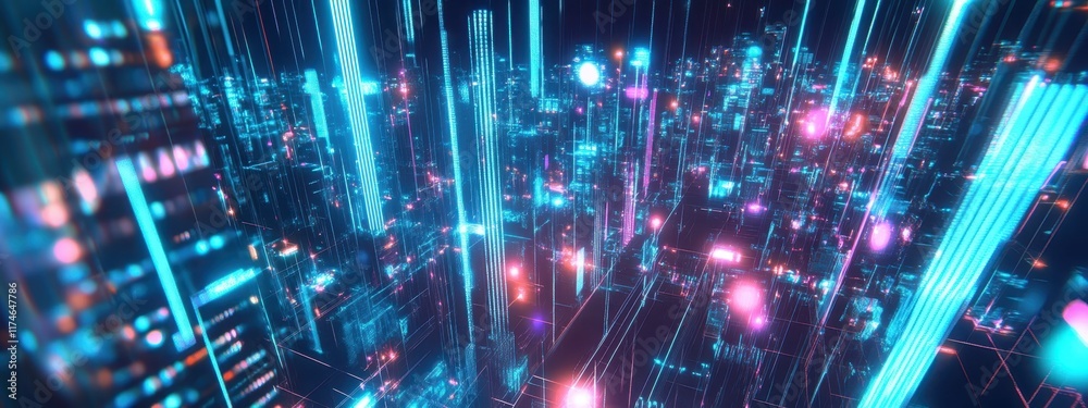 Fototapeta premium Futuristic cityscape, neon lights, reflective wet streets, cyberpunk atmosphere, urban night scene, glowing skyscrapers, pink and blue color palette, dystopian metropolis, puddles reflecting neon, hig