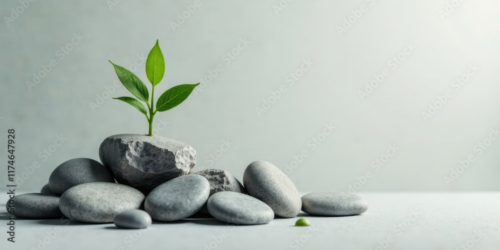 Fototapeta premium Serene Stillness A Small Sprout Emerging from Grey Stones, Representing Growth and Tranquility