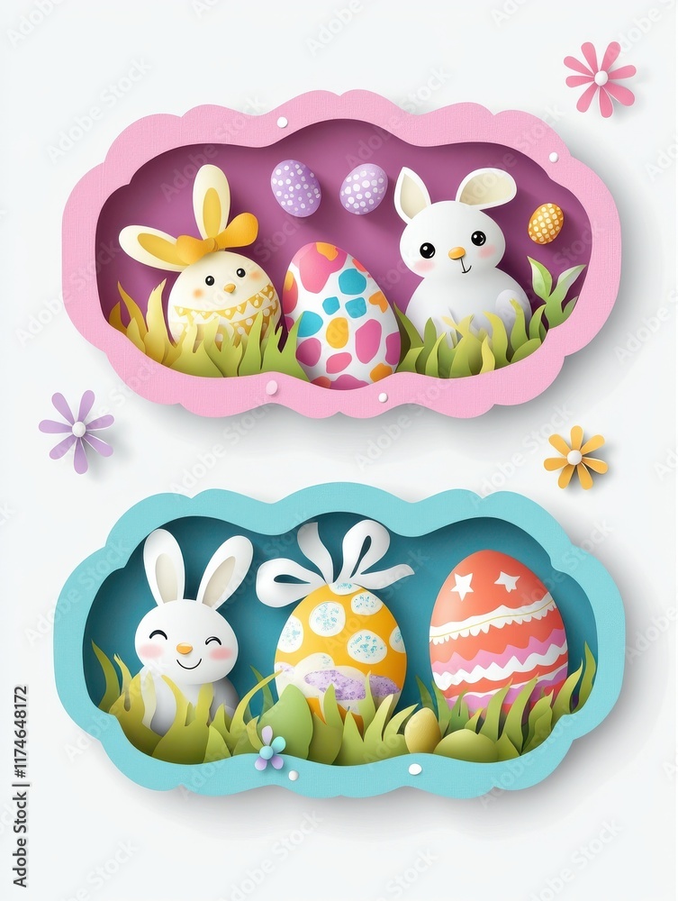 Easter sale, collection colorful discount banners with cartoon Easter icons and buttons. Set discount banners isolated on white background in paper cut style Easter sale, collection colorful discount banners with cartoon Easter icons and buttons. Set discount banners isolated on white background in paper cut style