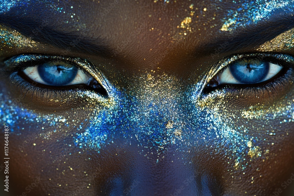 Close-up of a face adorned with vibrant blue and gold glitter, showcasing striking blue eyes. Close-up of a face adorned with vibrant blue and gold glitter, showcasing striking blue eyes.