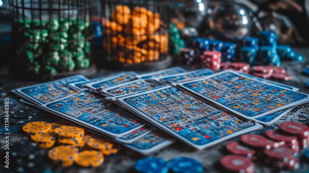 Obraz premium Fantasy game cards, dice, chips; tabletop gaming