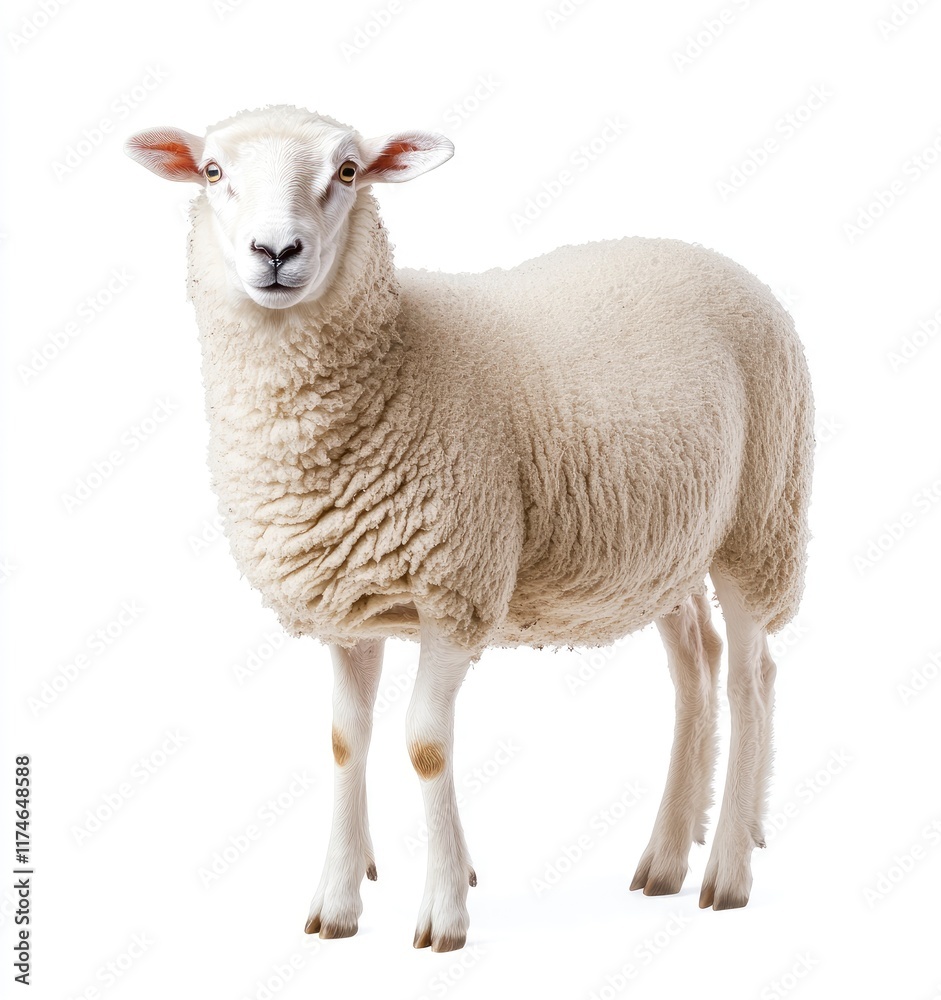 A full-body shot of a sheep isolated on a white background, in a photorealistic style with cinematic lighting. The background is plain and simple to highlight the subject, and there are no text A full-body shot of a sheep isolated on a white background, in a photorealistic style with cinematic lighting. The background is plain and simple to highlight the subject, and there are no text