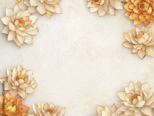 Luxurious golden lotus flowers frame soft, textured background, creating elegant design. Perfect for invitations or decor