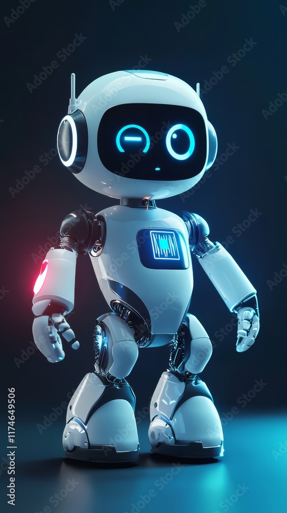 Naklejka premium Friendly AI: A charming, childlike robot with expressive eyes and a futuristic design stands against a dark backdrop with vibrant blue and red lighting.