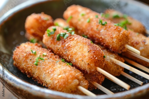 Mini sausages fried on sticks with generative ai