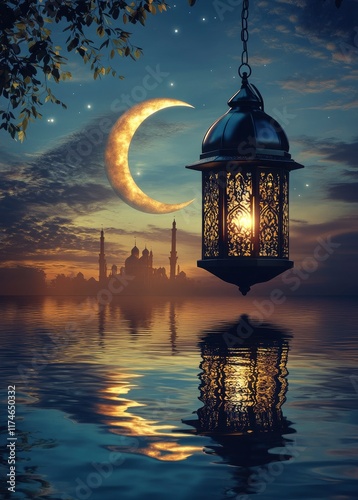 A lantern floating on water with the crescent moon in the background, Ramadan Kareem concept background with copy space for text and design, mosque reflection in the water. Night sky. Ramadan Kareem photo