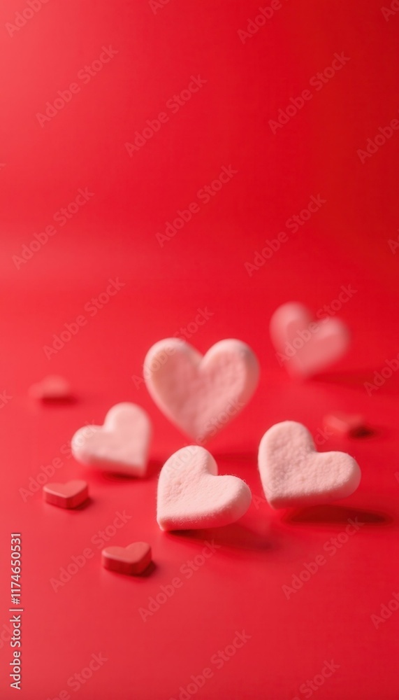 Close up of pink heart shaped marshmallows and candies on red background, symbolizing Valentines Day, love, romance, or affection, with warm atmosphere. Close up of pink heart shaped marshmallows and candies on red background, symbolizing Valentines Day, love, romance, or affection, with warm atmosphere.