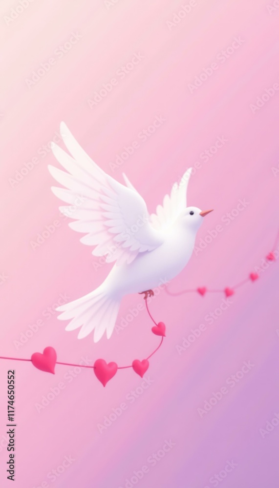Fototapeta premium White dove bird flying carrying a heart string on pink sky background celebrating romantic love for Valentines Day or wedding invitations