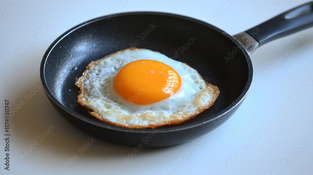 Fried egg in pan, kitchen counter background. Breakfast food photography Fried egg in pan, kitchen counter background. Breakfast food photography