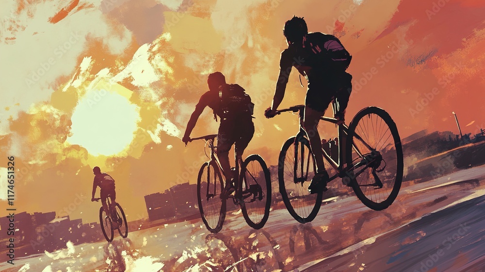 Obraz premium Sunset Cycling: Urban Riders Silhouette