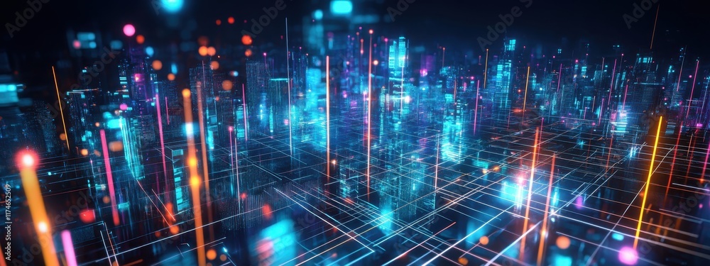 Futuristic cityscape, neon lights, reflective wet streets, cyberpunk atmosphere, urban night scene, glowing skyscrapers, pink and blue color palette, dystopian metropolis, puddles reflecting neon, hig Futuristic cityscape, neon lights, reflective wet streets, cyberpunk atmosphere, urban night scene, glowing skyscrapers, pink and blue color palette, dystopian metropolis, puddles reflecting neon, hig