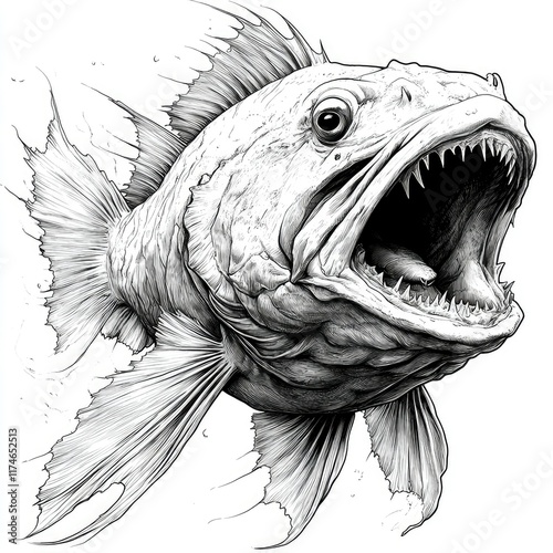 Detailed Ink Drawing of a Predator Fish with Open Mouth photo