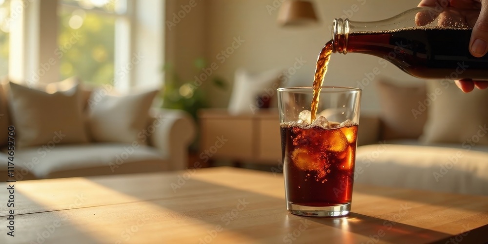 Refreshing Brown Beverage Poured into Glass with Ice Cubes on a Wooden Table in a Sunlit Room Refreshing Brown Beverage Poured into Glass with Ice Cubes on a Wooden Table in a Sunlit Room