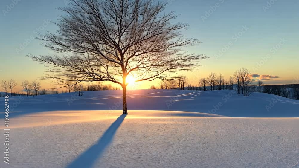 Winter sunset illuminates a lone tree in a snowy landscape with shadows stretching across the terrain Winter sunset illuminates a lone tree in a snowy landscape with shadows stretching across the terrain