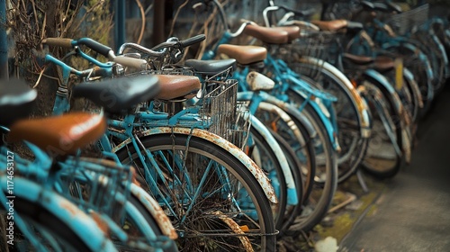 Row of Rusted Vintage Bicycles in Urban Setting photo